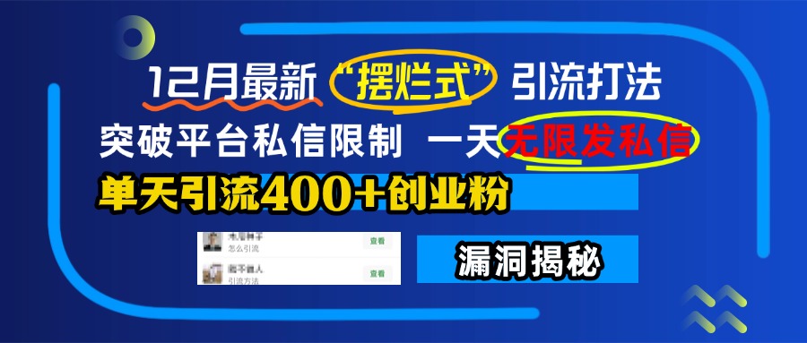 12月最新“摆烂式”引流打法，突破平台私信限制，一天无限发私信，单天引流400+创业粉！-辰阳网创