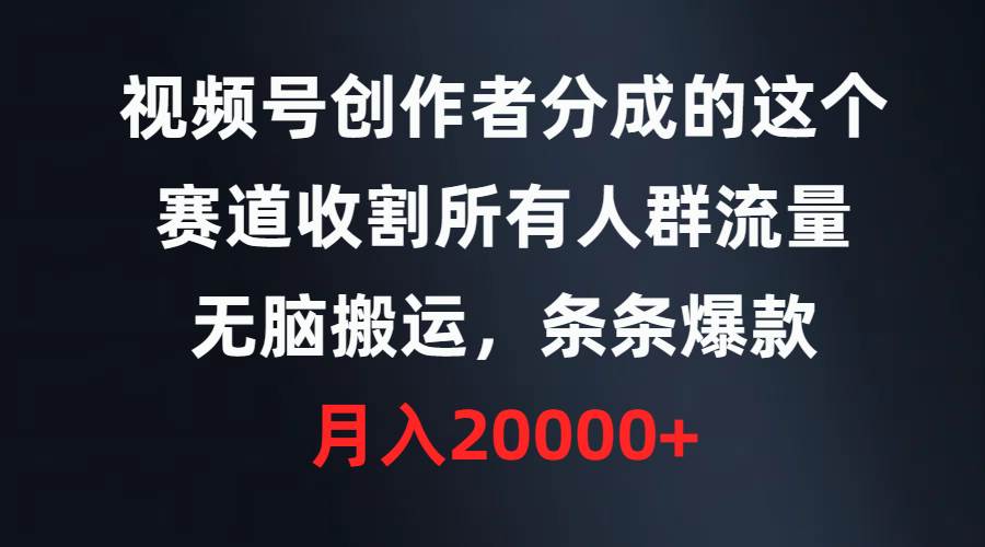 视频号创作者分成的这个赛道，收割所有人群流量，无脑搬运，条条爆款，…-辰阳网创