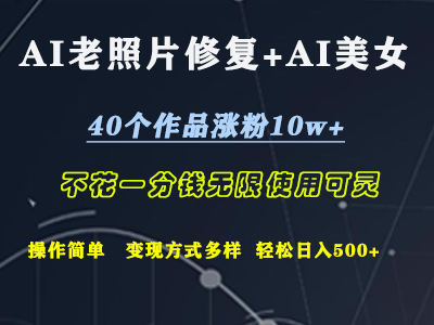 AI老照片修复+AI美女玩发  40个作品涨粉10w+  不花一分钱使用可灵  操作简单  变现方式多样话   轻松日去500+-辰阳网创