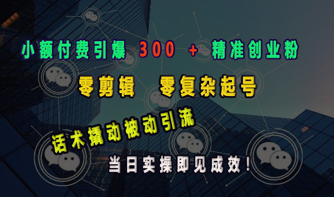 小额付费引爆 300 + 精准创业粉，零剪辑、零复杂起号，话术撬动被动引流，当日实操即见成效！-辰阳网创