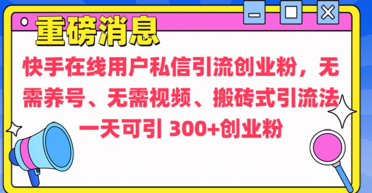 通过给快手在线用户私信引流创业粉，无需养号、无需视频、搬砖式引流法，一天可引300+创业粉-辰阳网创