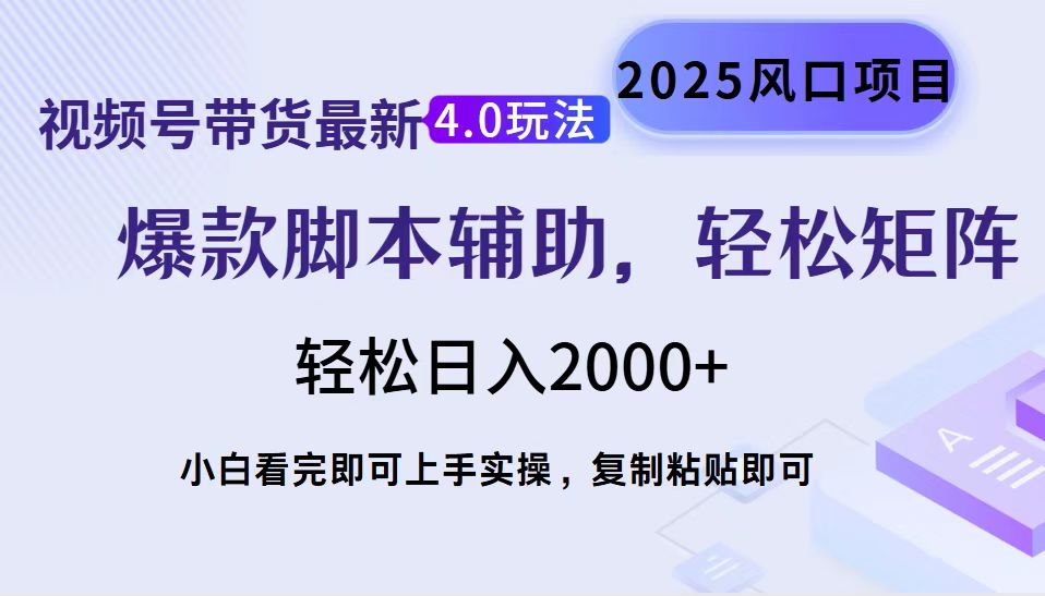 视频号带货最新4.0玩法，作品制作简单，当天起号，复制粘贴，脚本辅助，轻松矩阵日入2000+-辰阳网创