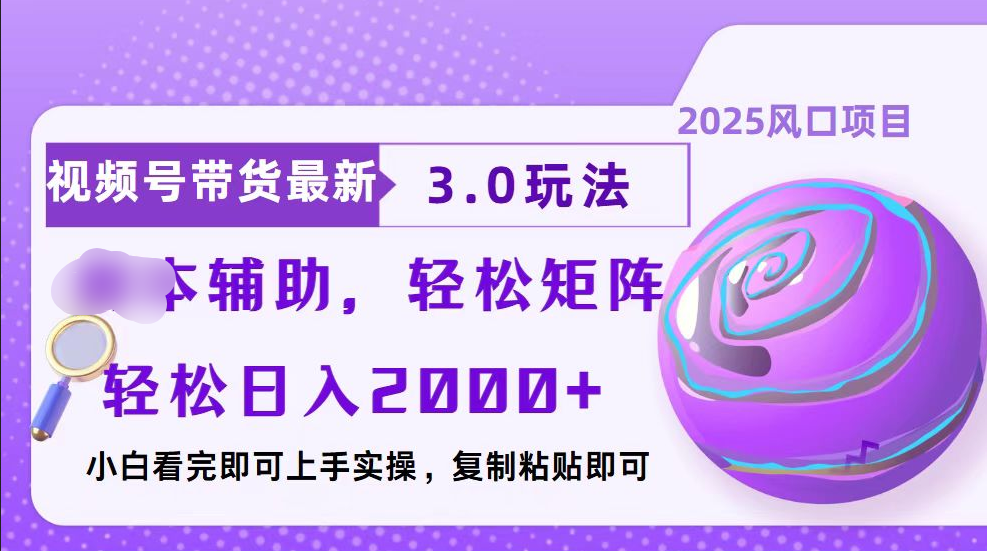 视频号带货最新3.0玩法，作品制作简单，当天起号，复制粘贴，脚本辅助，轻松矩阵日入2000+-辰阳网创