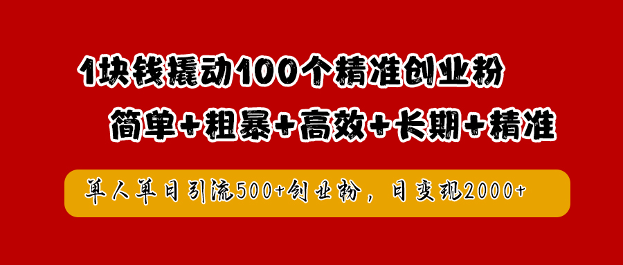 1块钱撬动100个精准创业粉，简单粗暴高效长期精准，单人单日引流500+创业粉，日变现2000+-辰阳网创