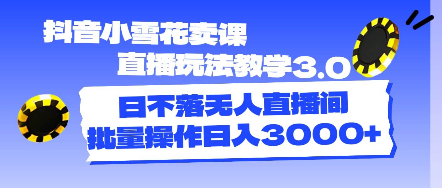 抖音小雪花卖课直播玩法教学3.0，日不落无人直播间，批量操作日入3000+-辰阳网创