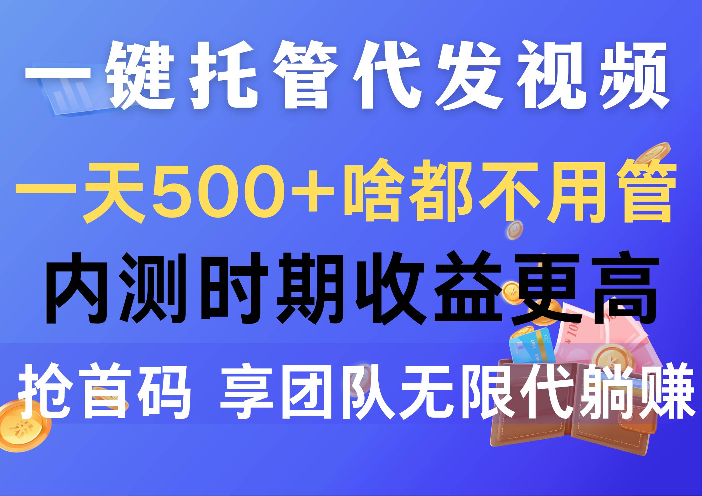 一键托管代发视频，一天500+啥都不用管，内测时期收益更高，抢首码，享…-辰阳网创