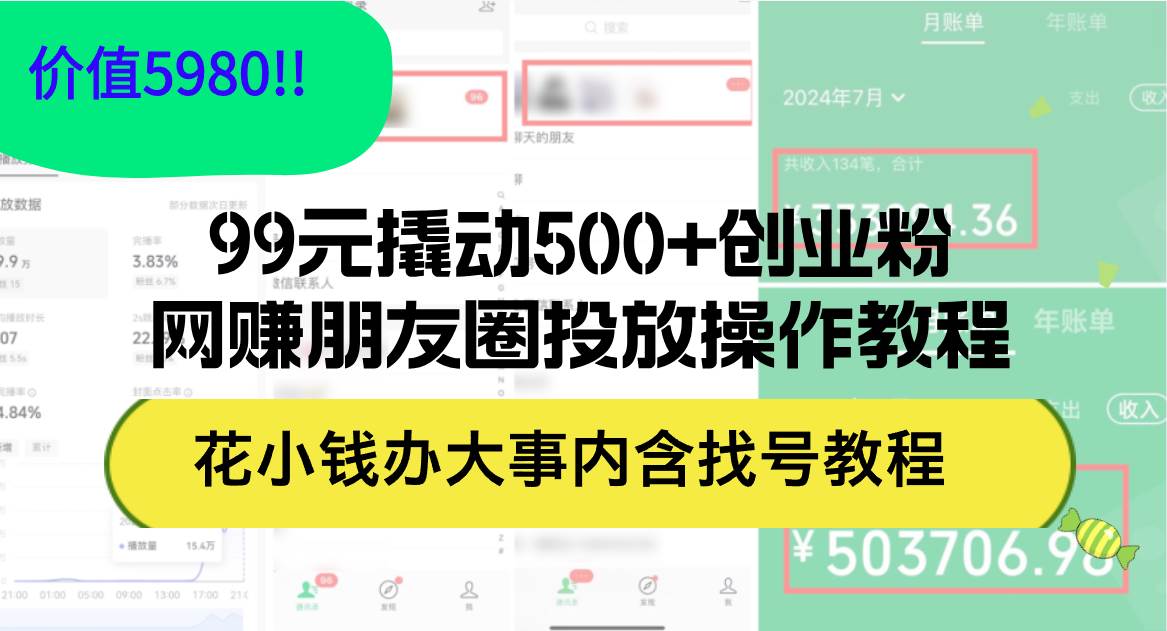 99元撬动500+创业粉，网赚朋友圈投放操作教程价值5980！花小钱办大事内…-辰阳网创